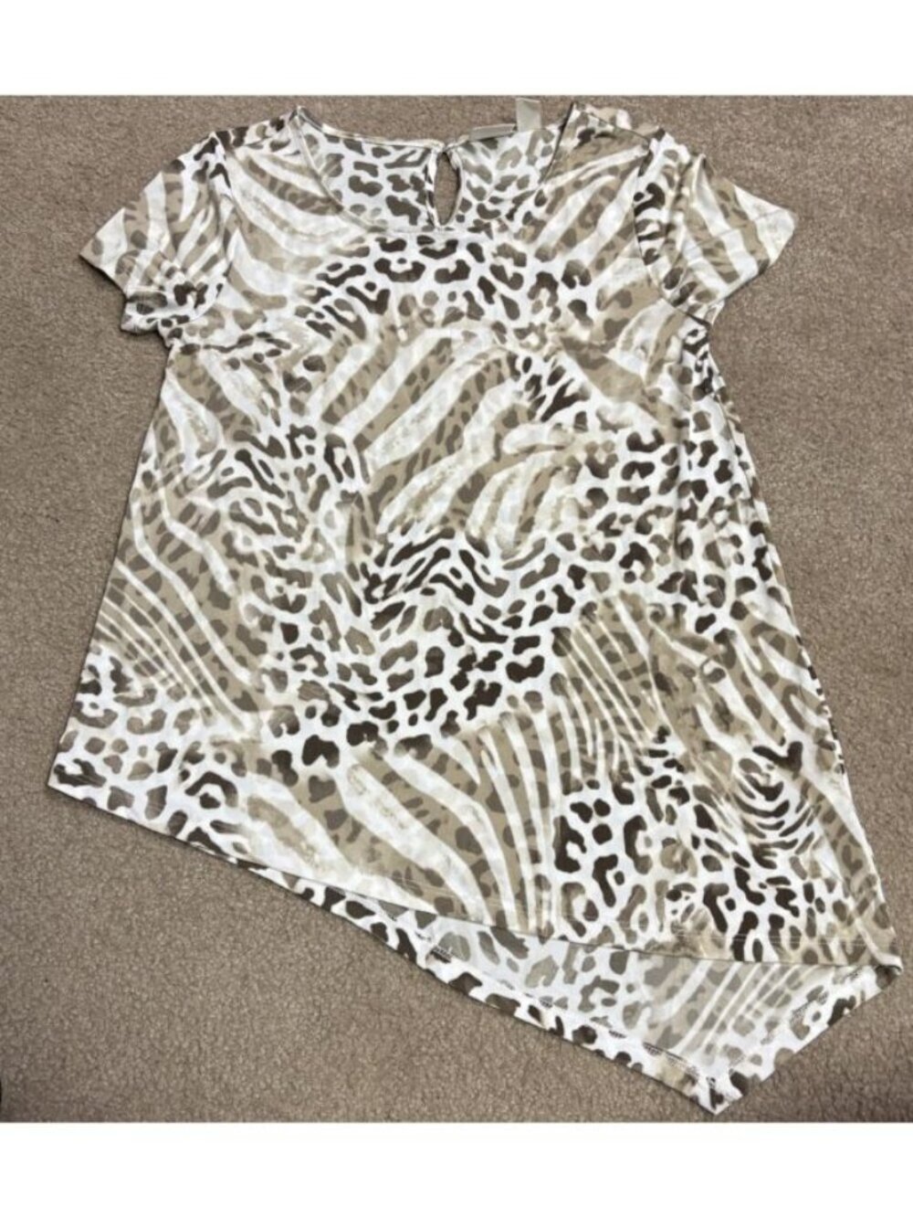 Chicos Top 3/4 Sleeve Round Neck Animal Print Brown/white Size 0 Asymmetrical